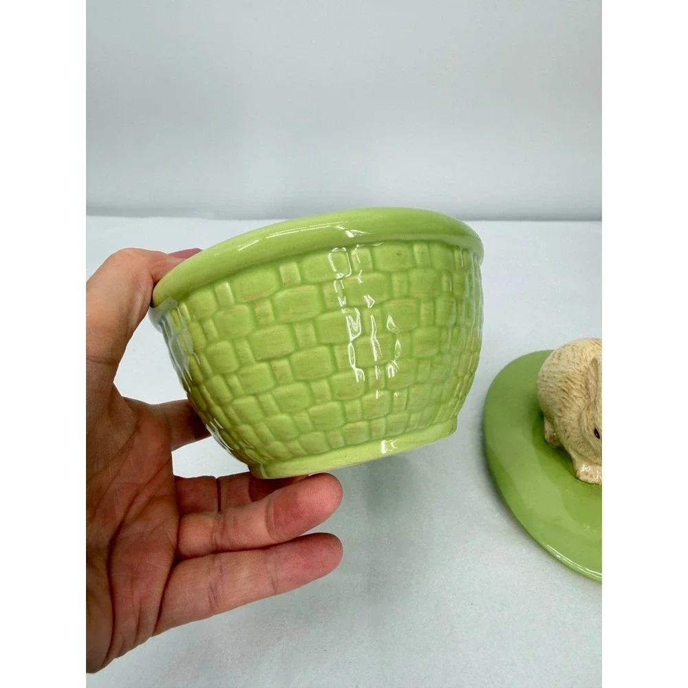 Hallmark Candy Dish Bunny Rabbit Topper Green Basketweave Spring Decor Easter